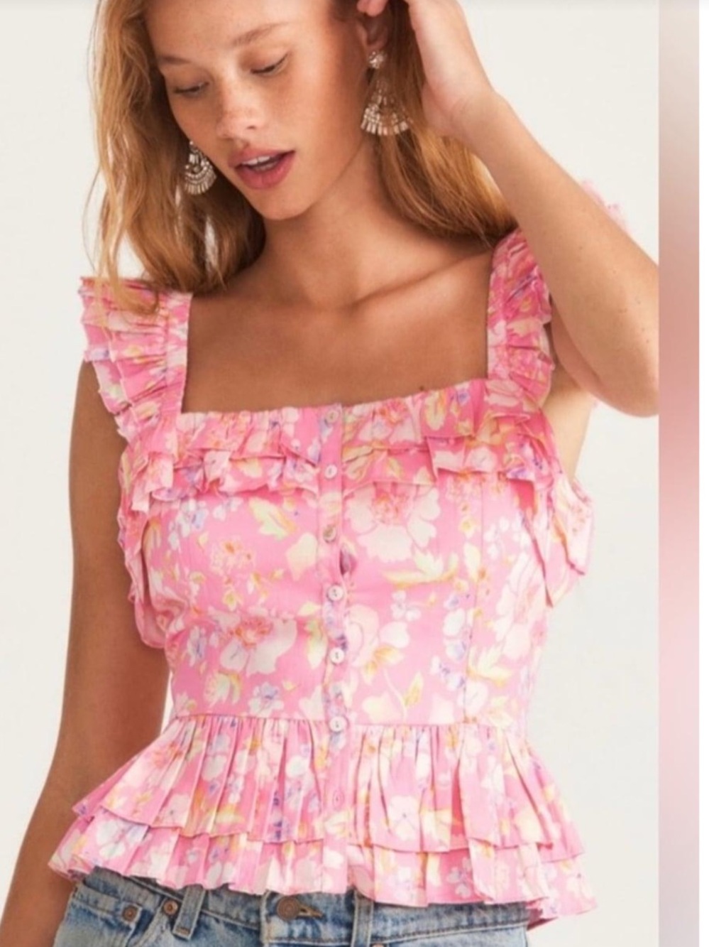 LoveShackFancy XS Tabia Top Pink Floral Ruffled Button Camisole